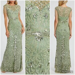 MAC DUGGAL 4908 Green High Neck Sleeveless Beaded Fringe Fitted Gown